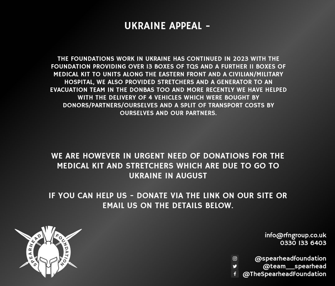 Team__Spearhead's tweet photo. #MilitaryKit & #MedicalKit needed ASAP…
We’ve another half of the team leaving for Ukraine on #Friday so if anyone has spare medical kit or military kit they no longer need then please can we have it…
We are heading to equip a #SpecialOperations team & a med centre…
Plz #RT https://t.co/cXEQneylWl