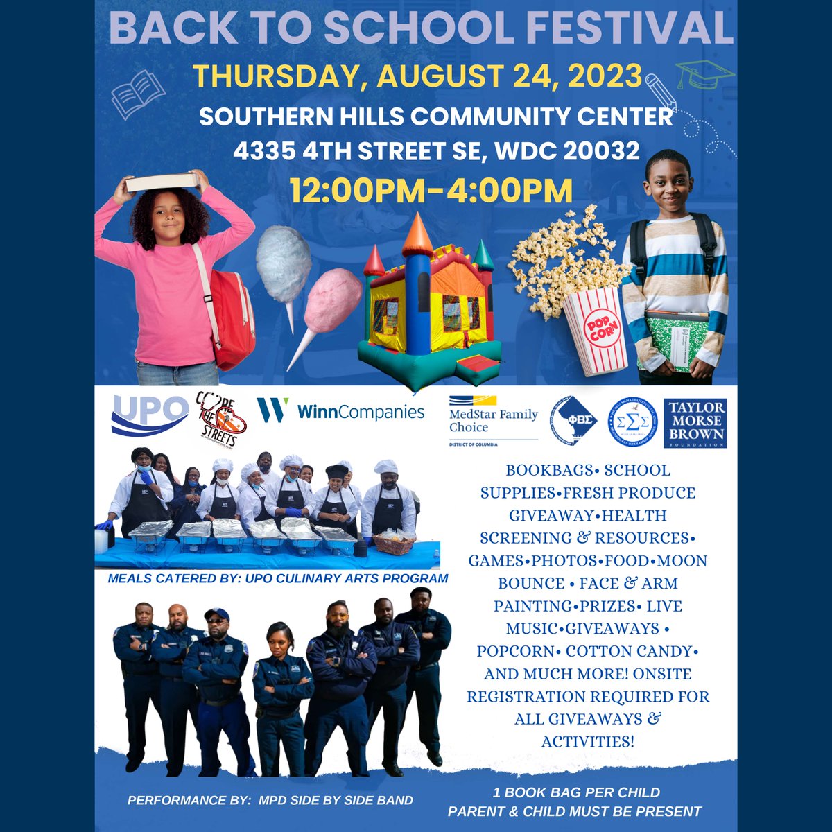 UPOinDC's tweet photo. โBack to School Festivalโ
๐ Book Bag Giveaway
๐ฒ๐ฟ Food
๐ Big Fun
Join UPO and partners such as @WinnCompanies this THURSDAY
Southern Hills Comm. Ctr.
Join us!
#IamUPO #UPOinDC #SoutheastLove @Mark_Shriver @SavetheChildren @BainumFdn @WashInformer @TheAdvoc8te @afronews https://t.co/R4QwllZYB3