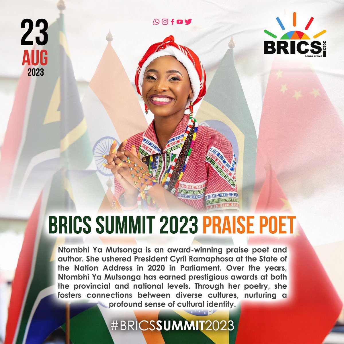 ntombhiyamutson's tweet photo. 2020 I ushered the president Cyril Ramaphosa at the STATE of THE NATION ADDRESS  in parliament. 

It’s 2023, I am ushering worlds Presidents at the BRICS Summit 2023 🇿🇦🇷🇺🇨🇳🇧🇷🇮🇳 
#BRICSSummit #BRICSSummit2023 https://t.co/Z67EA9AdCE