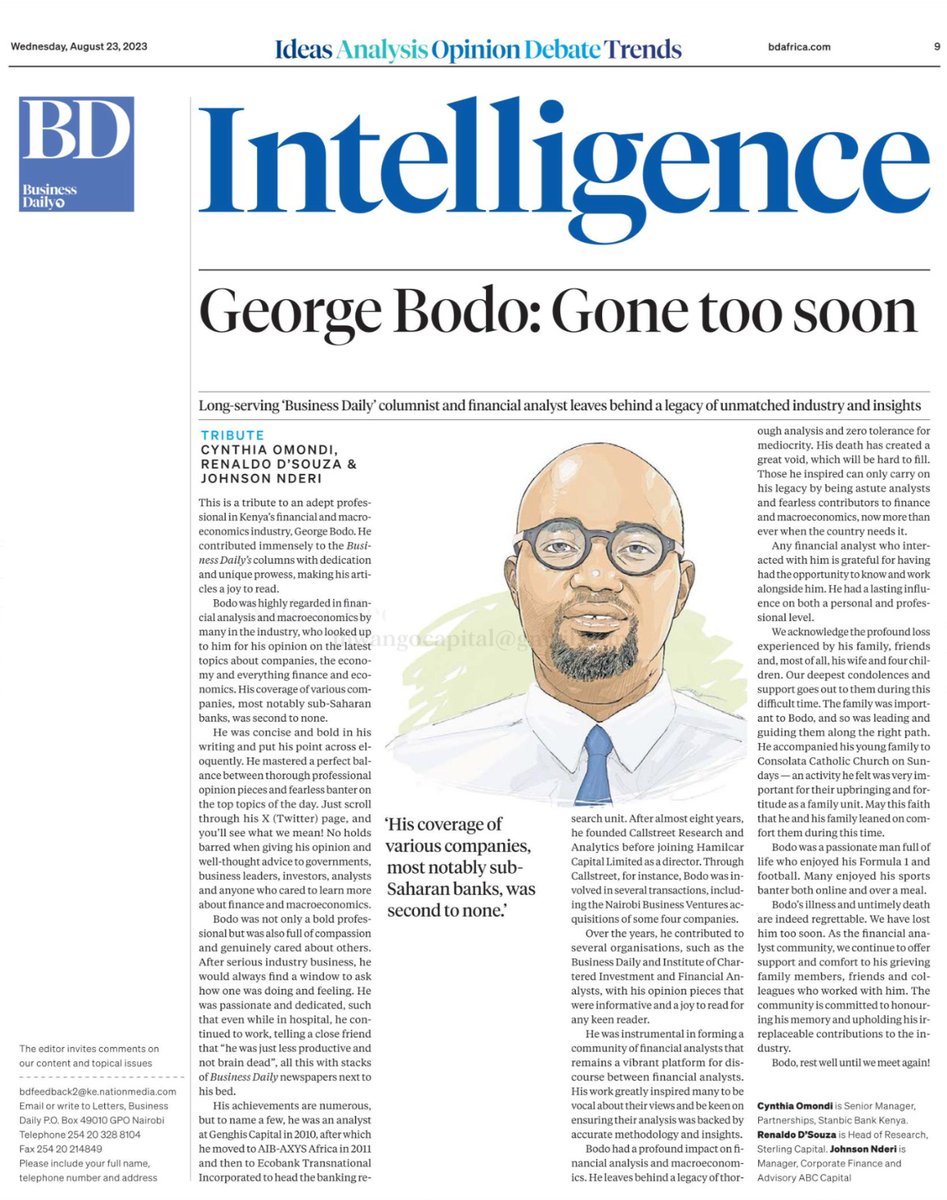 The Nation Media Group Business &amp; Tech Hub honours long serving <a href="/BD_Africa/">BusinessDaily</a> columnist, <a href="/GeorgeBodo/">George Bodo</a>, for his incisive, provoking &amp; illuminating contribution on matters economy &amp; capital markets. Our thoughts &amp; prayers to family, friends

Rest well George, you will be dearly missed!