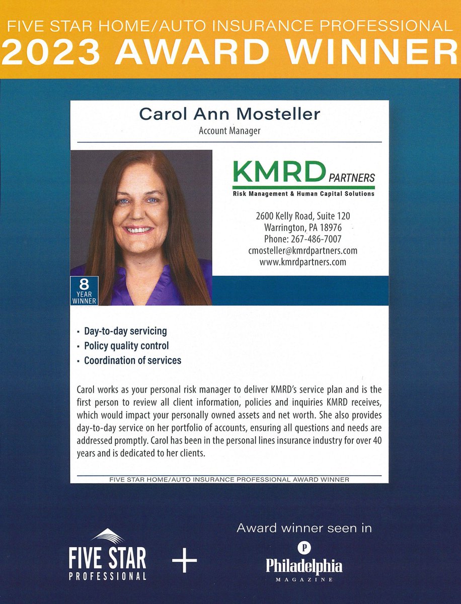 KMRDPartners's tweet photo. Our very own Carol Mosteller is the Five Star Home/Auto Insurance Professional 2023 Award Winner for the 8th year. She has also earned her Certified Personal Risk Manager designation. Be sure to give Carol Mosteller a big Congratulations.
https://t.co/RYVUMQH3Gc https://t.co/lwnILidUeU