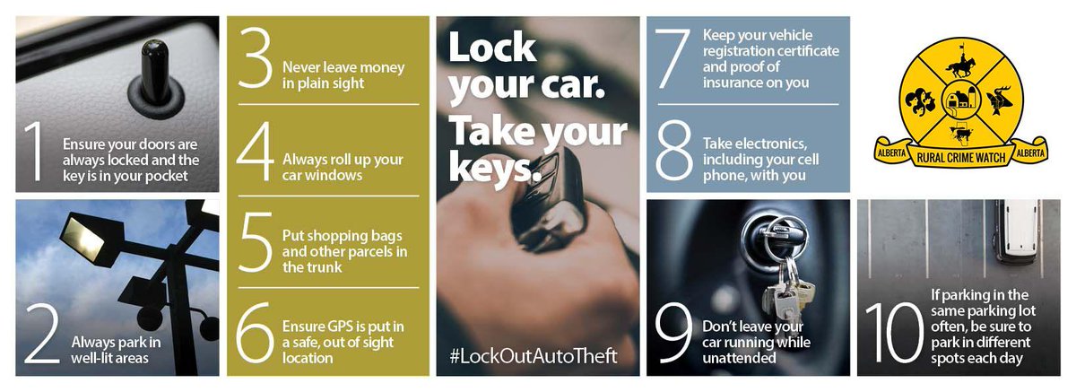 Did you know 40% of #stolenvehicles had the keys inside or accessible?  

Here are 10 #tips to help you avoid being an auto theft victim. 

#SaferAB #CrimePrevention #Alberta