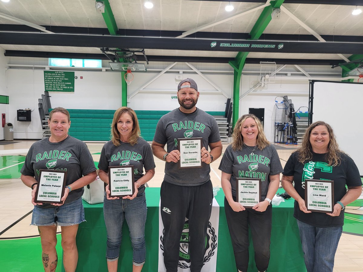 Congratulations to the 22-23 CLSD Employees of the Year (L to R):  Mel Palazzi, Pat Eddy, Dan Durante, Jacki Daymut and Lisa Ward.  Thank you for all that you do for our students and staff!  #onceaRaider <a href="/CHSRaiders/">ColumbiaRaiders</a> <a href="/RaiderMiddle/">Columbia MS</a> <a href="/CopopaElem/">Copopa Elementary</a>