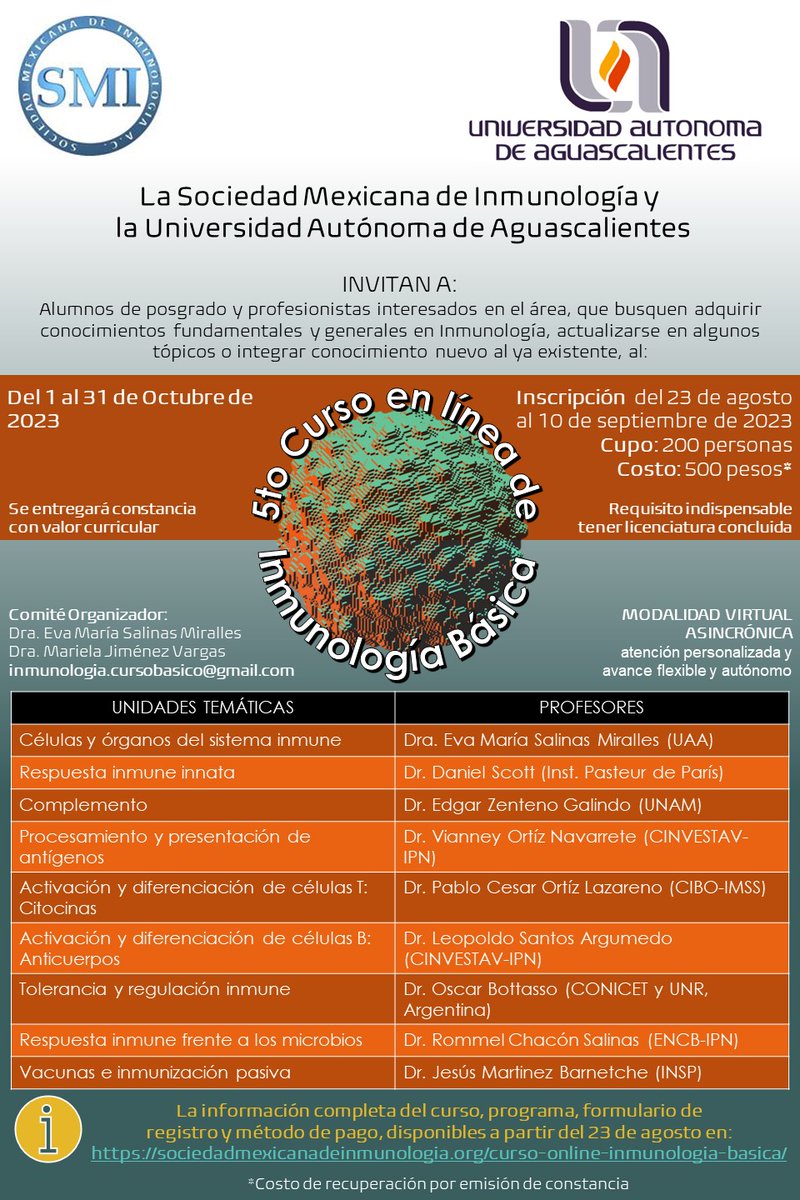 🤝Comunidad SMI🤝

¡Inscríbete al “5to Curso de Inmunología Básica”! 100% online, del 1-31 octubre. Constancia curricular incluida. Inscripción hasta el 10 septiembre en sociedadmexicanadeinmunologia.org/curso-online-i…. Solo 200 lugares. Costo: $500 M.N.

#SMInmunología #CursoInmunologíaBásica