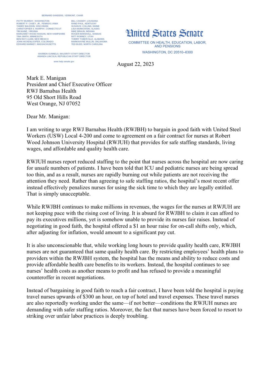 SenSanders's tweet image. Today, I sent a letter urging RWJ Barnabas’ CEO to bargain in good faith with nurses striking at Robert Wood Johnson University Hospital in NJ.

If they can afford to pay executives millions each year, they can afford a contract that keeps nurses safe and provides living wages.