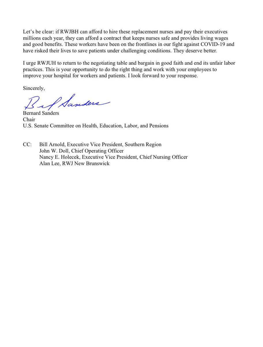 SenSanders's tweet image. Today, I sent a letter urging RWJ Barnabas’ CEO to bargain in good faith with nurses striking at Robert Wood Johnson University Hospital in NJ.

If they can afford to pay executives millions each year, they can afford a contract that keeps nurses safe and provides living wages.