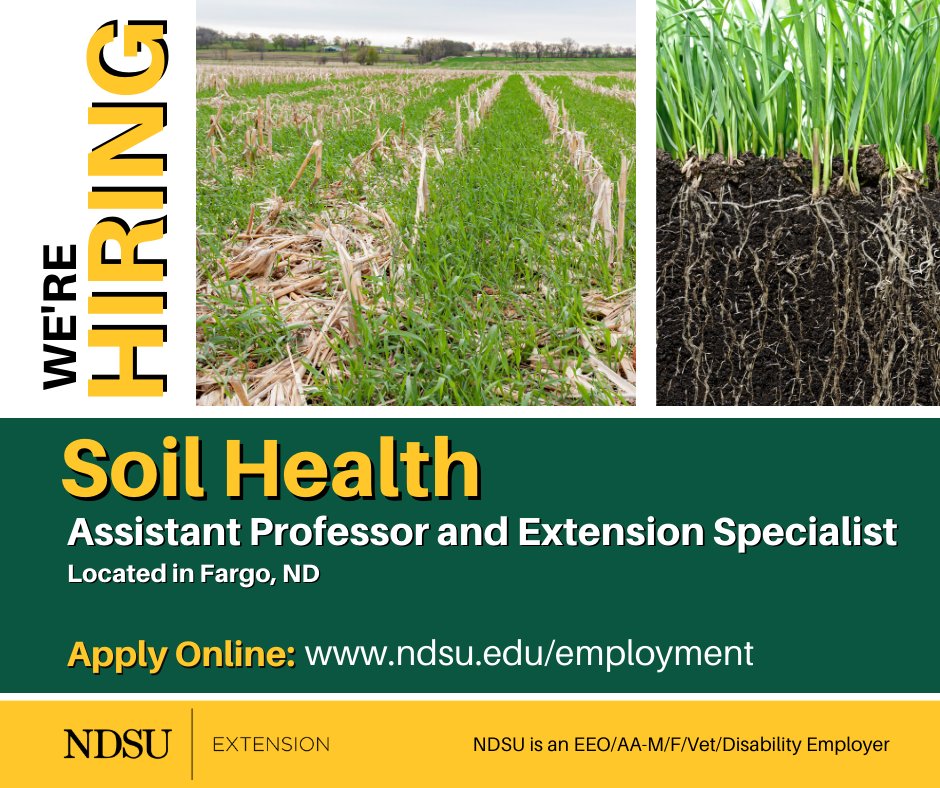 NDSUExtension's tweet photo. We're Hiring!
Assistant Professor of Soil Health - Extension Specialist
Description & Details: https://t.co/Y95j3j07lP #jobalert #soilhealth #agjob #NDSU https://t.co/knFui7BtM0