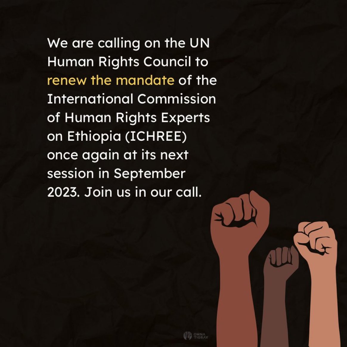 #TigrayCantWaitAnyLonger: Join us as we call on the @UN_HRC to renew the #ICHREE mandate in order to pursue an independent and thorough investigation into mass atrocities in Tigray. #Justice4Tigray @UNHumanRights @volker_turk 

#JusticeForTigrayPeople #Justice4Tigray