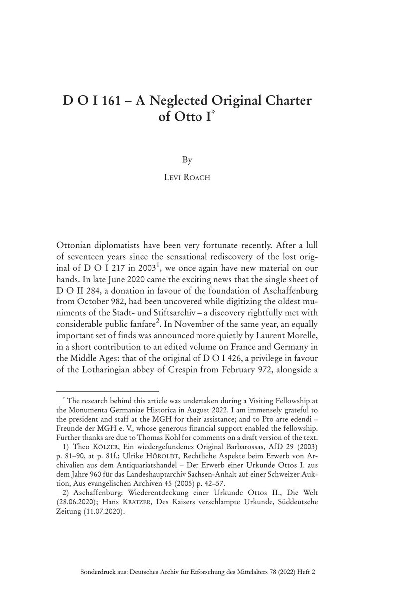 Somewhat belatedly received the e-offprint (i.e. pdf) of my #charterrific recent article in Deutsches Archiv, a study of a hitherto neglected original charter of Otto I preserved <a href="/SBayerns/">Staatliche Archive Bayerns</a>. Do let me know if you fancy a copy!