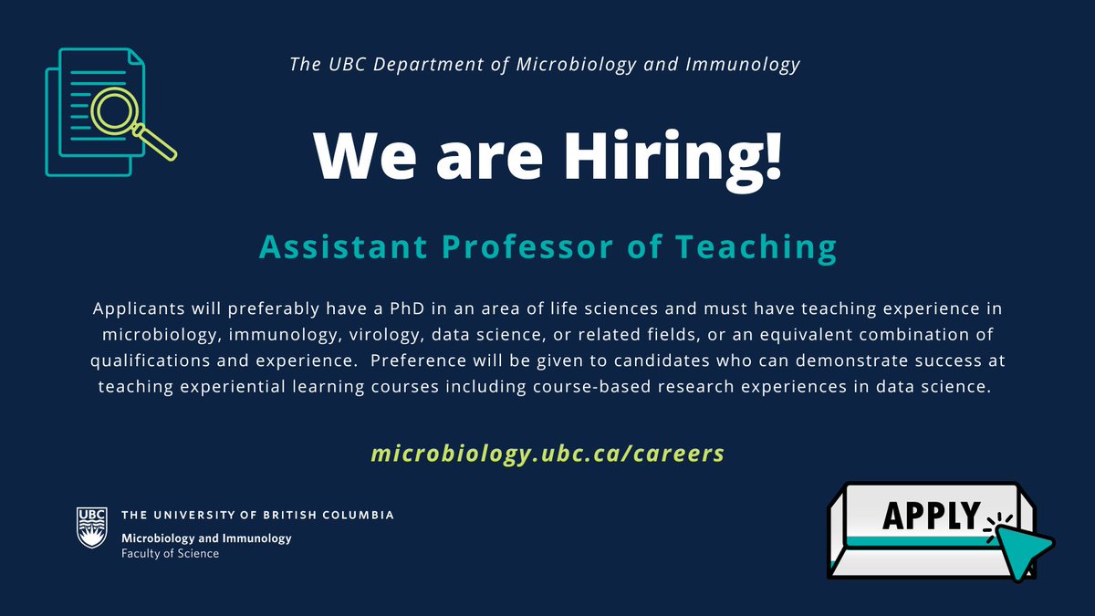UBCMicroImmuno's tweet photo. The Department of Microbiology &amp; Immunology are hiring an Assistant Professor of Teaching. Apply by Sept 25!

@500womensci @WOCinSTEMChat @Lotus_STEMM @LatinasinSTEM @QueersInSTEM @MinoritySTEM
@IWS_Network #BlackinGenetics #BlackinMicro 

https://t.co/HcMT5V5fwh https://t.co/oWKBn74Ocq