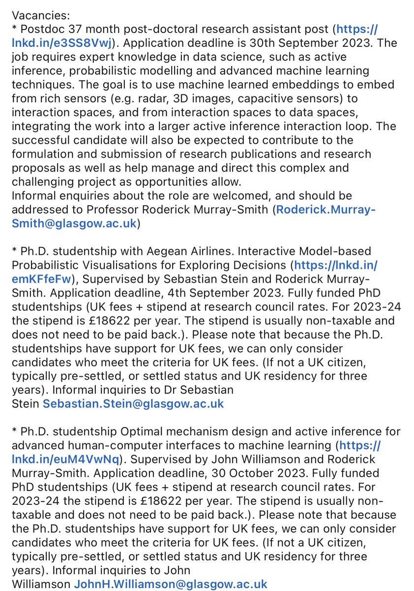 postdoc and 2 Ph.D. positions in Active Inference in Human-Computer Interaction, at the University of Glasgow, Scotland lnkd.in/e3SS8Vwj