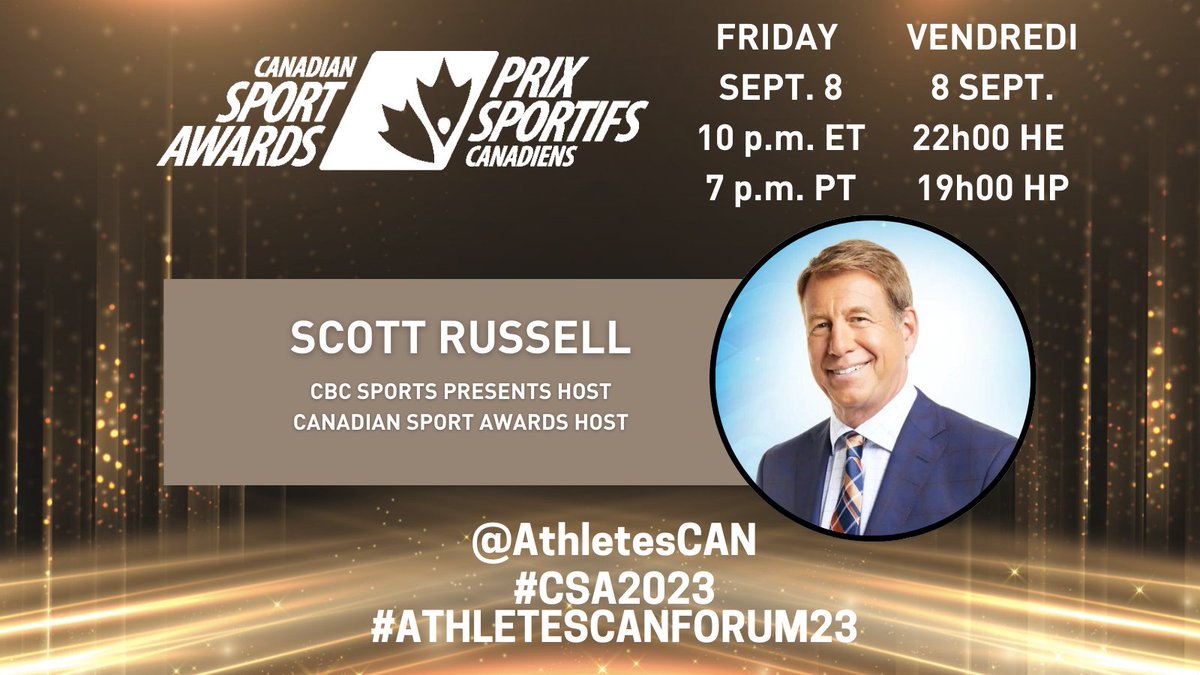 AthletesCAN's tweet photo. We're excited to announce @CBCScottRussell will host the 46th Canadian Sport Awards to kick off #AthletesCANForum23. Join us Friday, September 8 at 7 PM PT to celebrate the spirit, drive, and commitment of Canada's athletes. Nominees and streaming details coming soon! #CSA2023 https://t.co/HeWP9rGks3