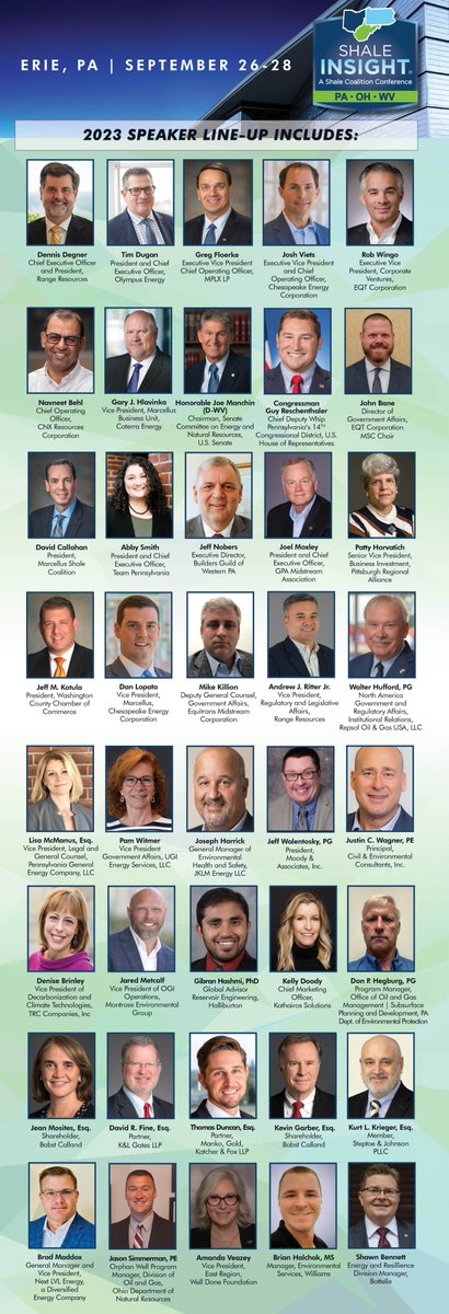 SHALE INSIGHT® is the leading conference on American shale energy, manufacturing and jobs, because of its people. See the top industry professionals who will be in Erie. marcelluscoalition.org/shale-insight/… #SHALEINSIGHT2023
