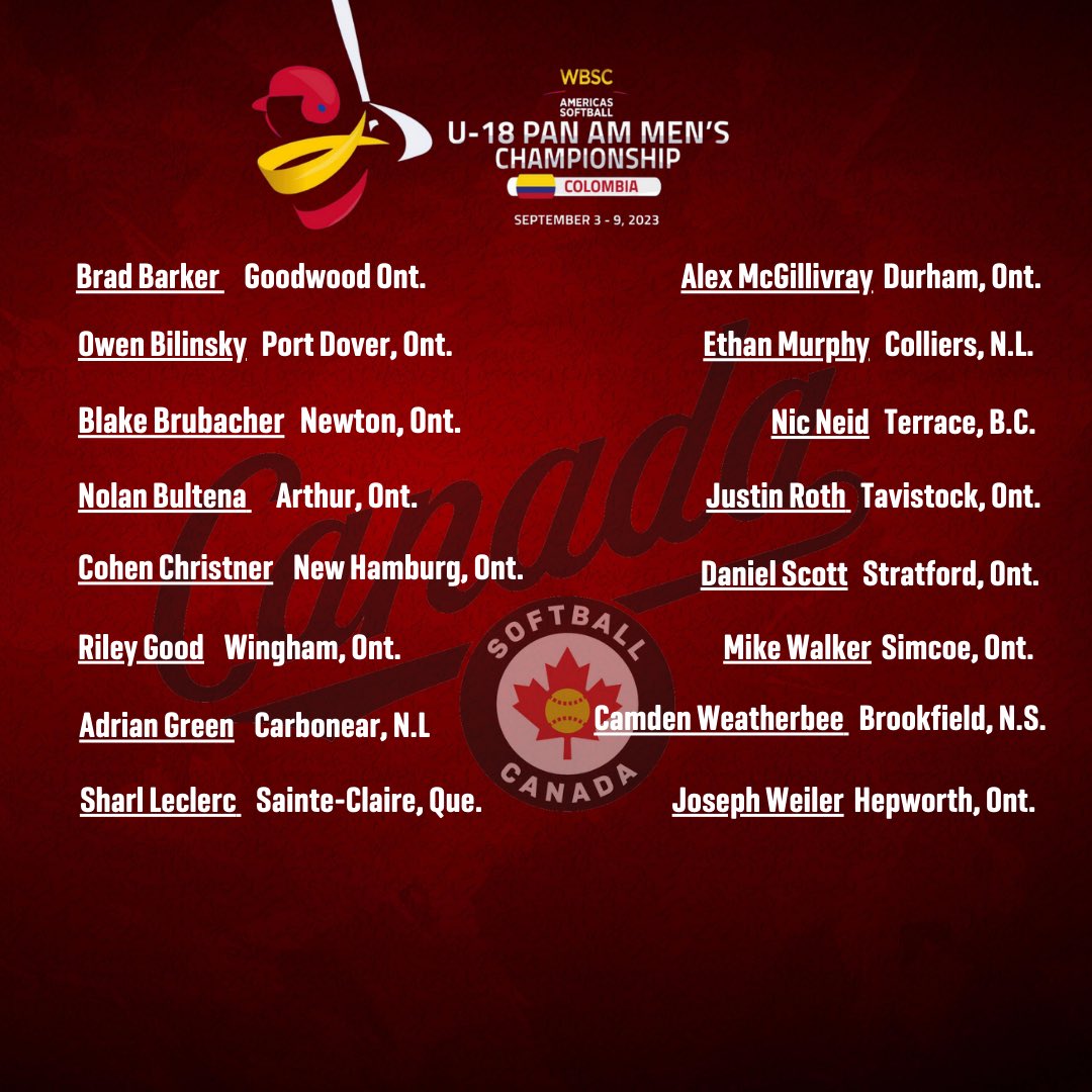 Softball Canada is pleased to announce the list of athletes have been named to the Canadian U18 Men’s National Team that will compete in the 2023 WBSC Americas Pan American Championship from September 3-9 in Sincelejo, Colombia.
 
📝 softball.ca/news/softball-…
