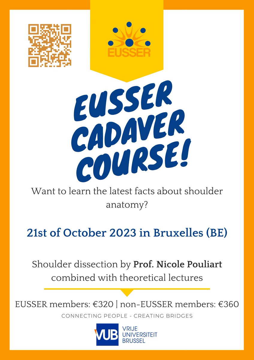 EUSSER CADAVER COURSE
The shoulder is a complex region. This one-day course will give you, as a physiotherapist, all of the insights into the anatomy of the shoulder while Prof. Nicole Pouliart dissects a shoulder.

Only 25 spots available! 
Register here: forms.gle/CURv8jhT9tdm3L…