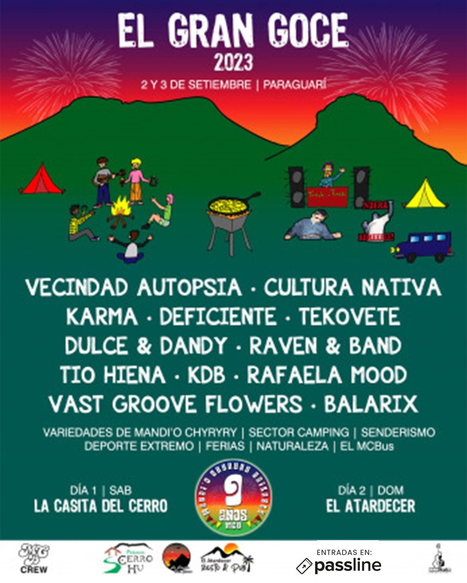 Comprá online tu entrada para El gran goce, evento que propone una experiencia diferente para disfrutar con amigos. Se realiza entre los Cerros Hū y Mbatovi de Paraguarí, con variedades de Mandi'o Chyryry, música, y la posibilidad de acampar.

Entradas en passline.com/eventos/el-gra…
