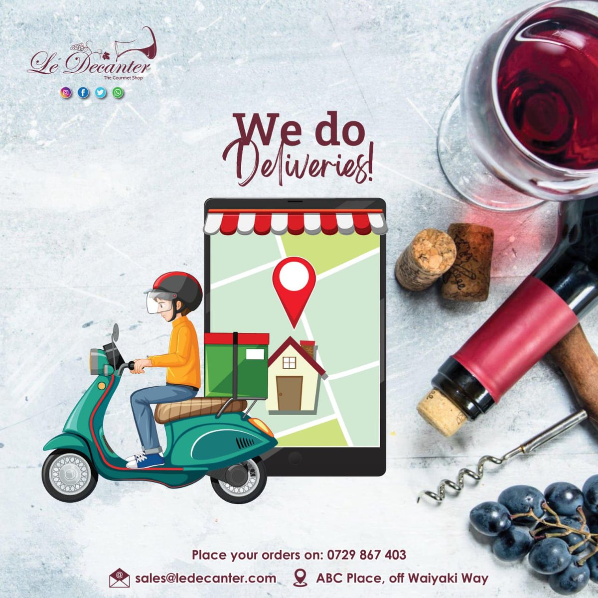 You don't feel like leaving the house? Worry no more. We offer deliveries to your doorstep but at a small extra cost as per your location. To order kindly Call / WhatsApp us on 0729867403 Email us on sales@ledecanter.com #ledecanter #ledecanterwines