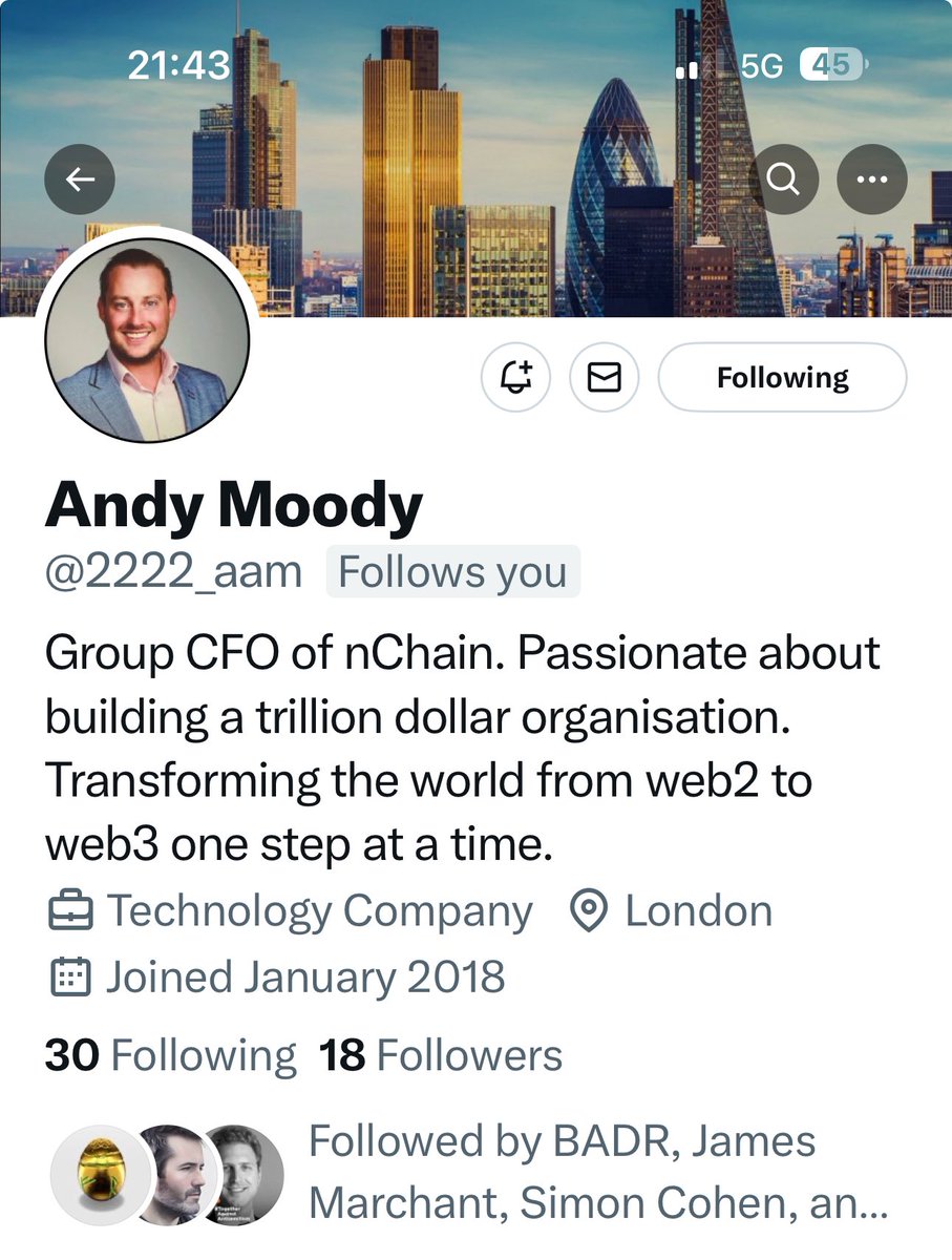 Keep up to date with <a href="/nChainGlobal/">nChain</a> Group CFO. It’s a pleasure working with Andy Moody @2222_aam . He is second to none and brings a lot of value to our Group. I recommend everyone to follow him. He will be much more visible on X