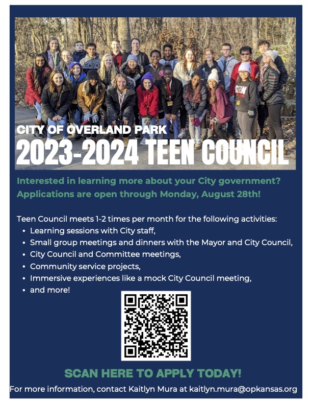 Southies - Reminder that Overland Park Teen Council applications are due this Friday - A great way to build your resume and your leadership capacity - Check it out