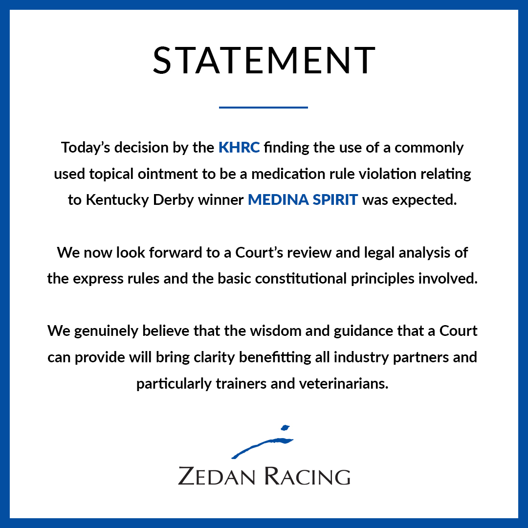 Statement regarding the #MedinaSpirit / KHRC decision. #ZedanRacing