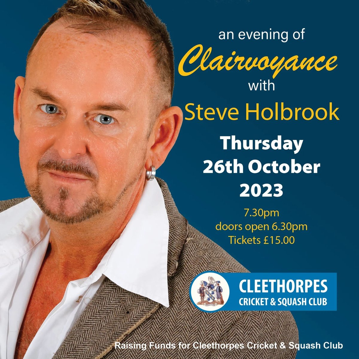 'An Evening Of Clairvoyance' with @steveholbrook1 Tickets available from the Club this Saturday 12th August After his previous successful evenings Steve is returning to the Club on Thursday October 26th. Tickets £15.00 each