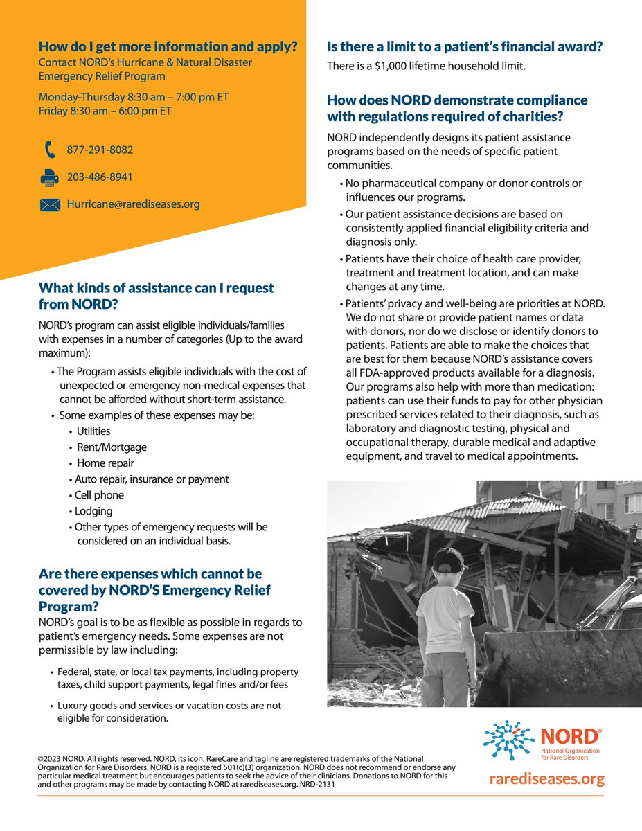 Have you or a loved one in the #RareDisease community been affected by the recent fires in #Hawaii? NORD is proud to offer a Hurricane & Natural Disaster Emergency Relief fund that can help pay for repairs, temporary lodging, and more.

Apply here: bit.ly/45yyezS