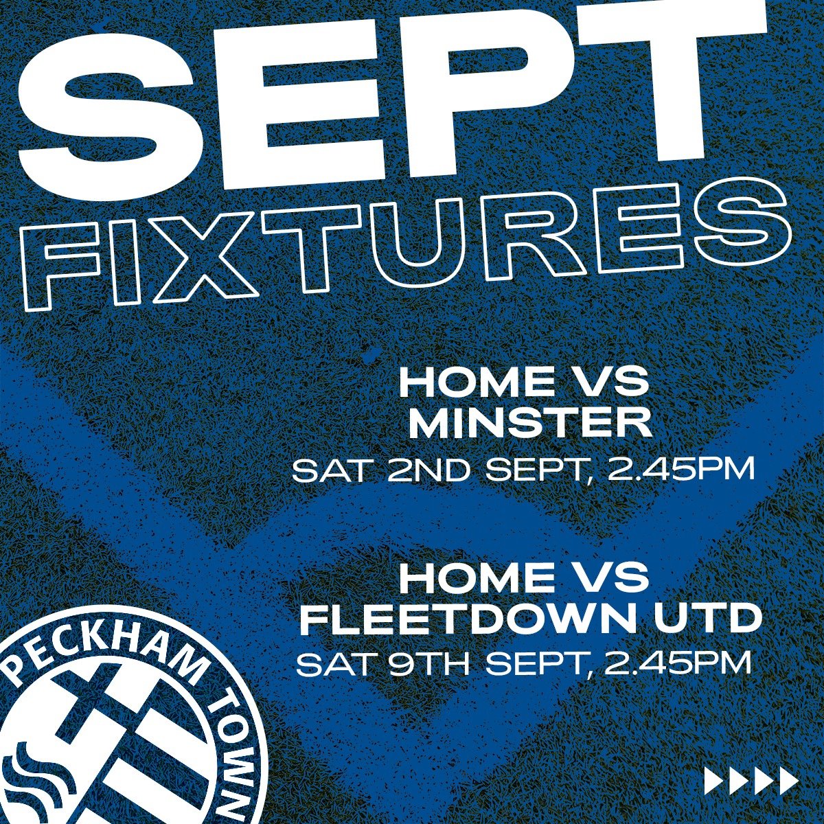 PeckhamTownFC's tweet image. 🗓️ SEPTEMBER FIXTURES 🗓️

We still have two more matches this month, but why not get next month's fixtures in your diary now!?

We are home vs @MinsterFC1911, @fleetdownfcu14 &amp;amp; @Chipstead_FC (Kent). We travel to @WellingParkFC &amp;amp; @Ashford_FC2016.

❤️⚽💙🇹🇭💙⚽❤️
#Peckham #Dulwich