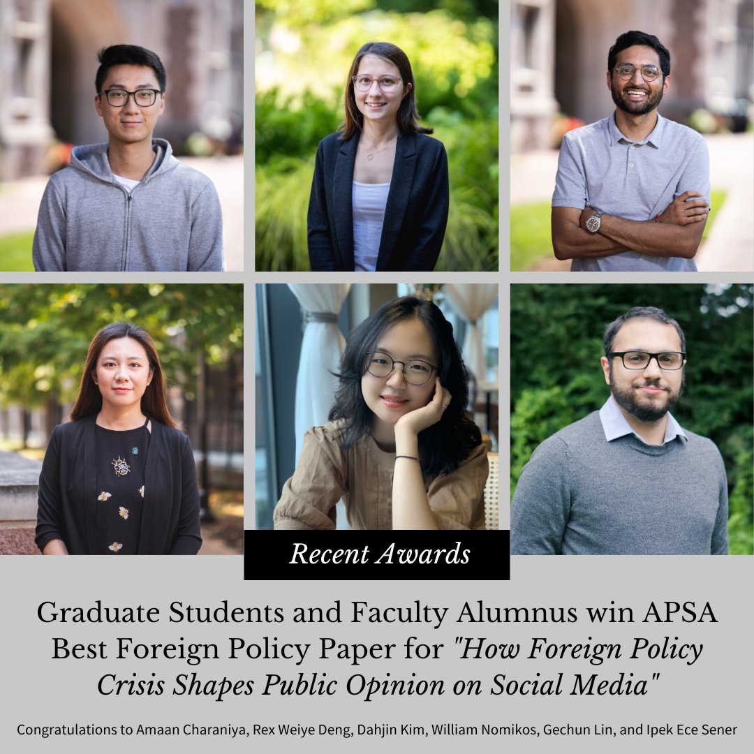 Congratulations to graduate students Amaan Charaniya, Rex Weiye Deng, Dahjin Kim, Gechun Lin, and Ipek Ece Sener for winning APSA's Best Foreign Policy Paper! They worked on the project with faculty alumnus Will Nomikos.

#politicalscience #poliscitwitter #wustl #washu