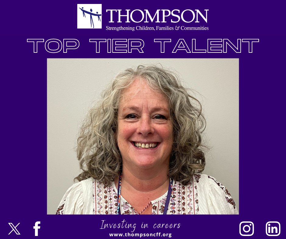 This week's Top Tier Talent is Cacki Barrett, School-Based Mental Health Therapist.

Cacki's favorite thing about the Thompson culture is the multi-layers of support and mentorship she receives from her colleagues.

To read more about Cacki, go to thompsoncff.org/wp-content/upl…