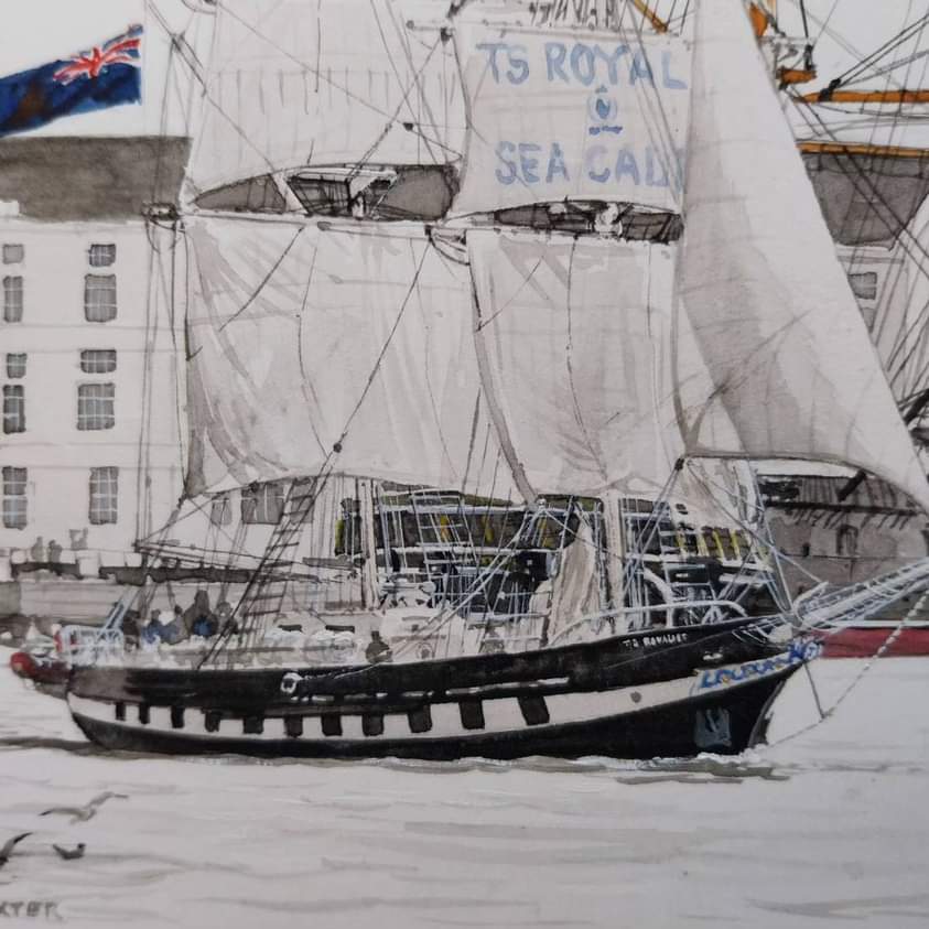 ColinMBaxter's tweet photo. Just finished a new #graphic style #watercolour of #TSRoyalist @SeaCadetsUK and #HmsWarrior1860  @NatMuseumRN  #illustration #nautical #marineart @BoatHouse_4 @OnlyBespokeUK @sloop_speedy @gosport_nci @NatHistShips @Merriman1792 @PHDockyard https://t.co/qZttHdgoKB