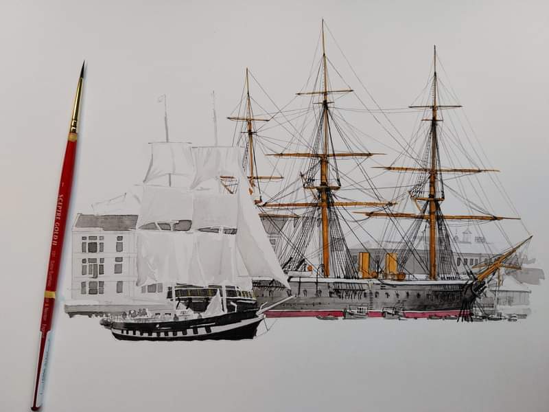 ColinMBaxter's tweet photo. Just finished a new #graphic style #watercolour of #TSRoyalist @SeaCadetsUK and #HmsWarrior1860  @NatMuseumRN  #illustration #nautical #marineart @BoatHouse_4 @OnlyBespokeUK @sloop_speedy @gosport_nci @NatHistShips @Merriman1792 @PHDockyard https://t.co/qZttHdgoKB