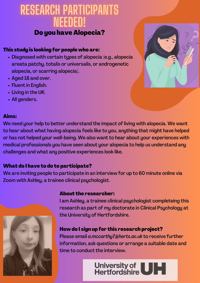 Ashley_Alopecia's tweet image. PLEASE SHARE! 
Alopecia DClin Psych study - seeking participants! #alopecia #dclinpsy #research #qualitative #interviews  #hairloss #alopeciaareata #androgenicalopecia #scarringalopecia #alopeciaresearch 
Email a.mccarthy7@herts.ac.uk for more information. @AlopeciaUK