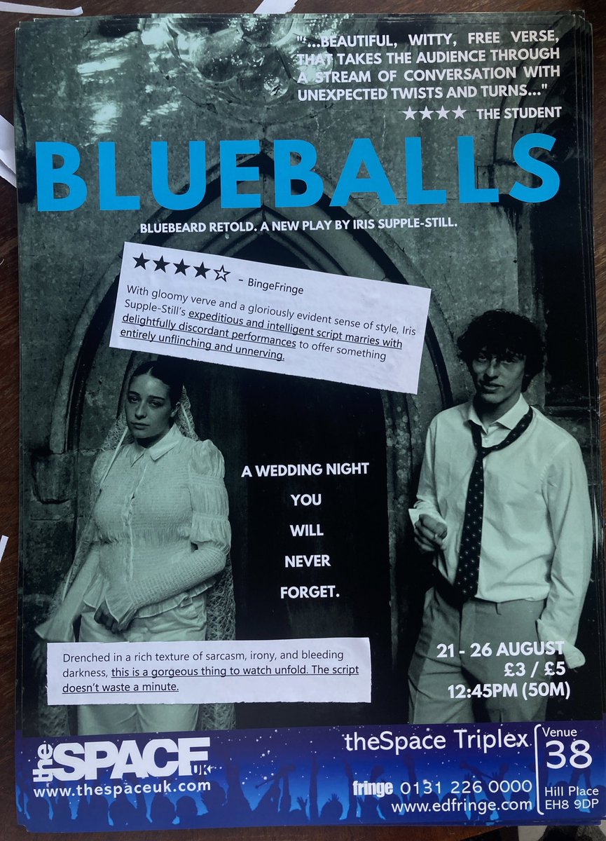 BlueballsFringe's tweet photo. Feeling like proper grown-up @edfringe artists - first time printing out a review and sticking it on a poster! 💙
You can read our lovely review here:  
https://t.co/zdlkaIuU35
And why not come and see the play itself while you’re at it: https://t.co/2xvIyGW1dB
#tweetthemedia https://t.co/yfU6NqH3D9