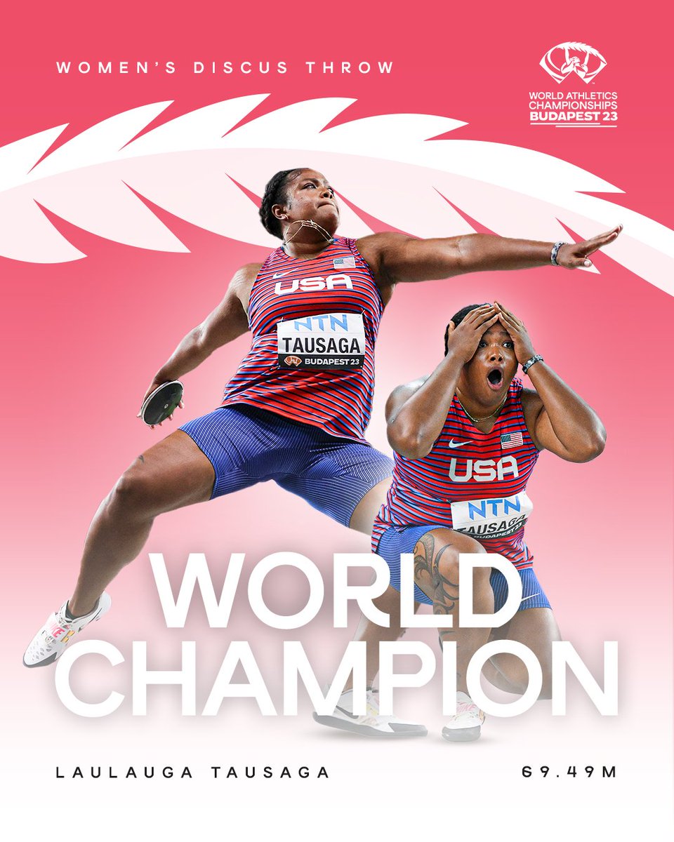 Laulaga Tausaga 🇺🇸 is the World Discus Champion!! 🤯🔥

The American launched a Personal Best (PB) of 69.49m ahead of Valarie Allman 🇺🇸 who settled for Silver with 69.29m while Feng Bin 🇨🇳 was 3rd.

#WorldAthleticsChamps #WorldAthleticsChampionships #Budapest2023