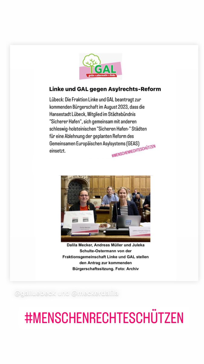 Fraktion Linke &amp; GAL: Einstehen für die Menschenrechte - Nein zur GEAS-Reform: Fraktionsantrag i.d. Bürgerschaft am 31.08.2023, dass die Hansestadt Lübeck sich gemeinsam mit anderen schleswig-holsteinischen "Sicheren Hafen-" Städten für eine Ablehnung von (GEAS) einsetzt.(...)