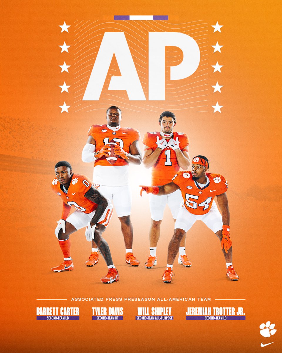 Four Tigers on the AP Preseason All-American Team‼️ 🐅 @bcsznn 🐅 @tdbeast5390 🐅 @willshipley2021 🐅 @TrotterJR54