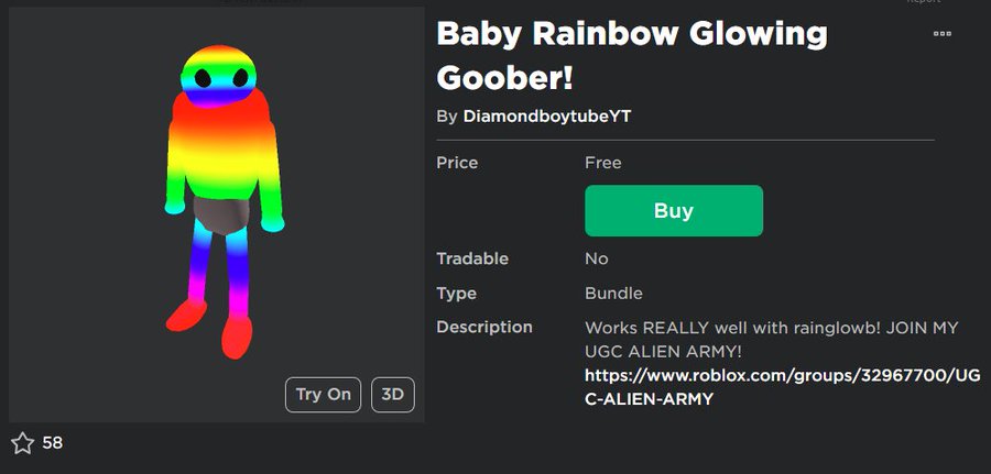 🥳 | FREE UGC BUNDLE - "Baby Rainbow Glowing Goober!" roblox.com/bundles/2593/B… UGC Bundle made by: DiamondboytubeYT  #RobloxDev | #RobloxDevs | #Roblox | #RobloxUGC
