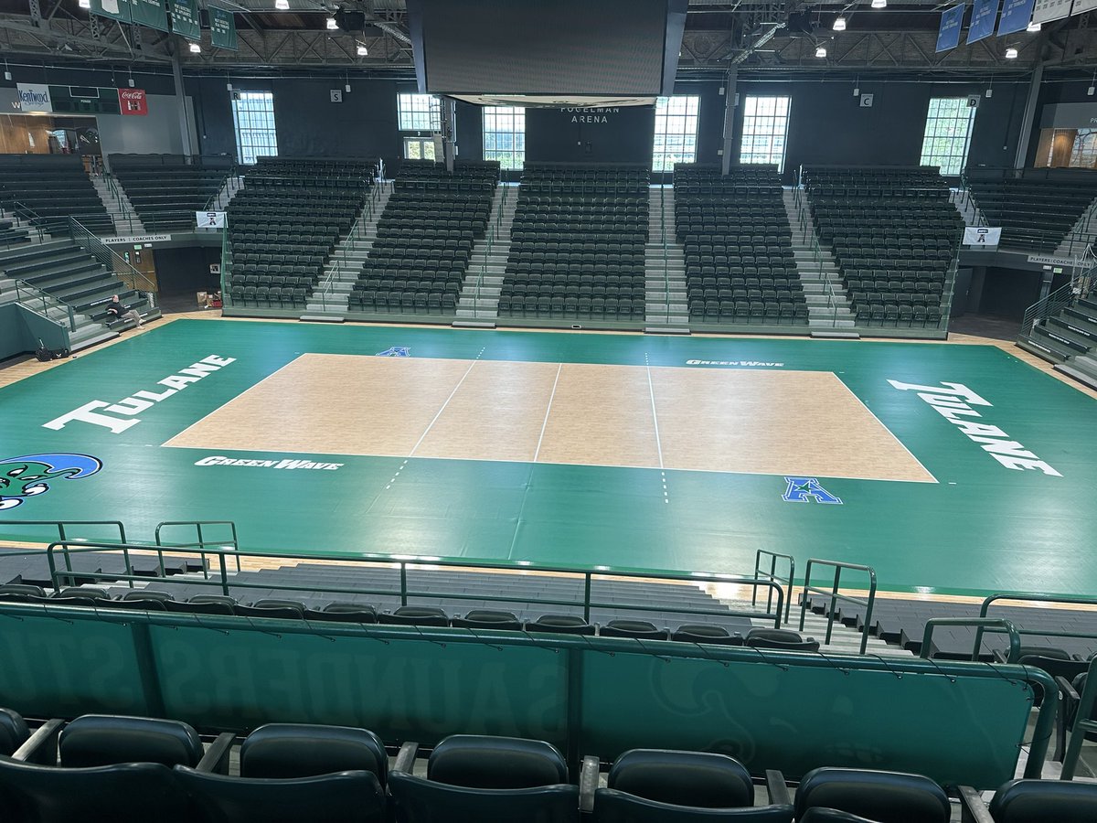 TroyDannen's tweet photo. Big upgrade in 2023 for @GreenWaveVB as we debut a new taraflex floor over Devlin Court in Fogelman Arena https://t.co/J0VbNjHN7n