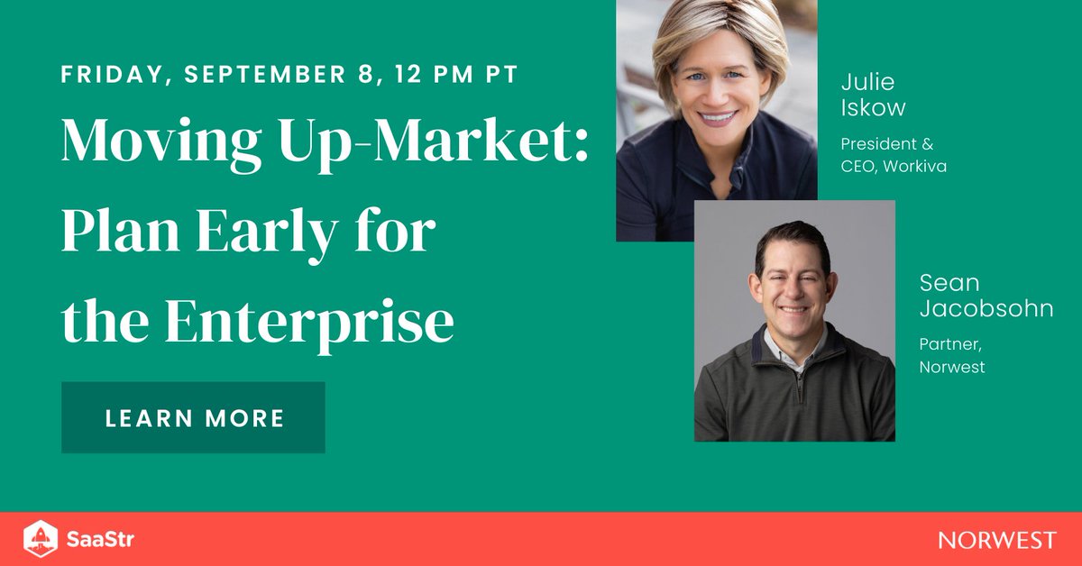 📅Is @saastr on your calendar? If so, don’t miss Norwest partner @sjacobsohn and @Workiva CEO @JulieIskow's session for #cloud & #SaaS startups on expanding into the enterprise. Learn more about @SaaStrAnnual: nvp.co/45w6OLa