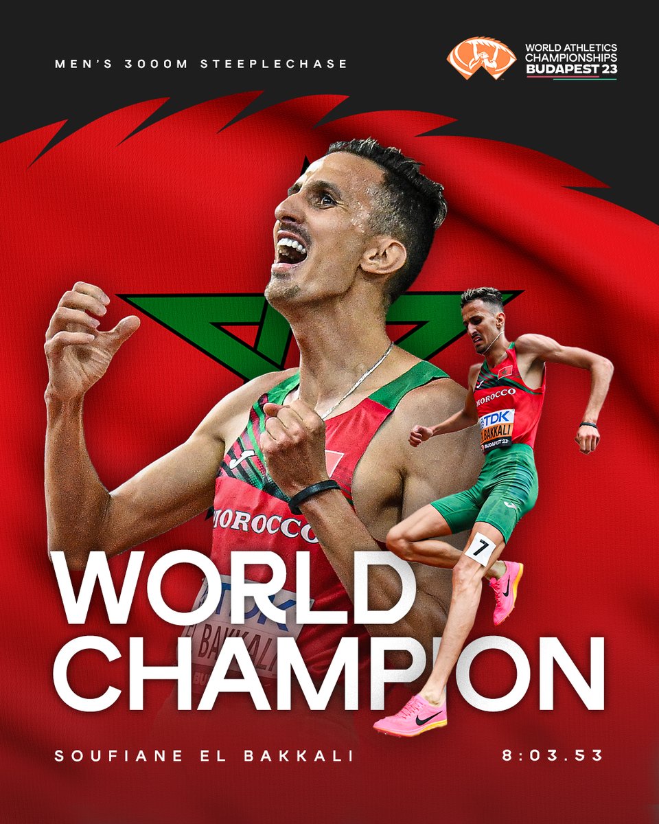 WorldAthletics's tweet photo. UNSTOPPABLE

🇲🇦's Soufiane El Bakkali reigns the 3000m steeplechase once more as he wins his second #WorldAthleticsChamps gold medal 🙌

He has not lost a major steeplechase race since September 2021 🤯 https://t.co/P2BF1DzOsU