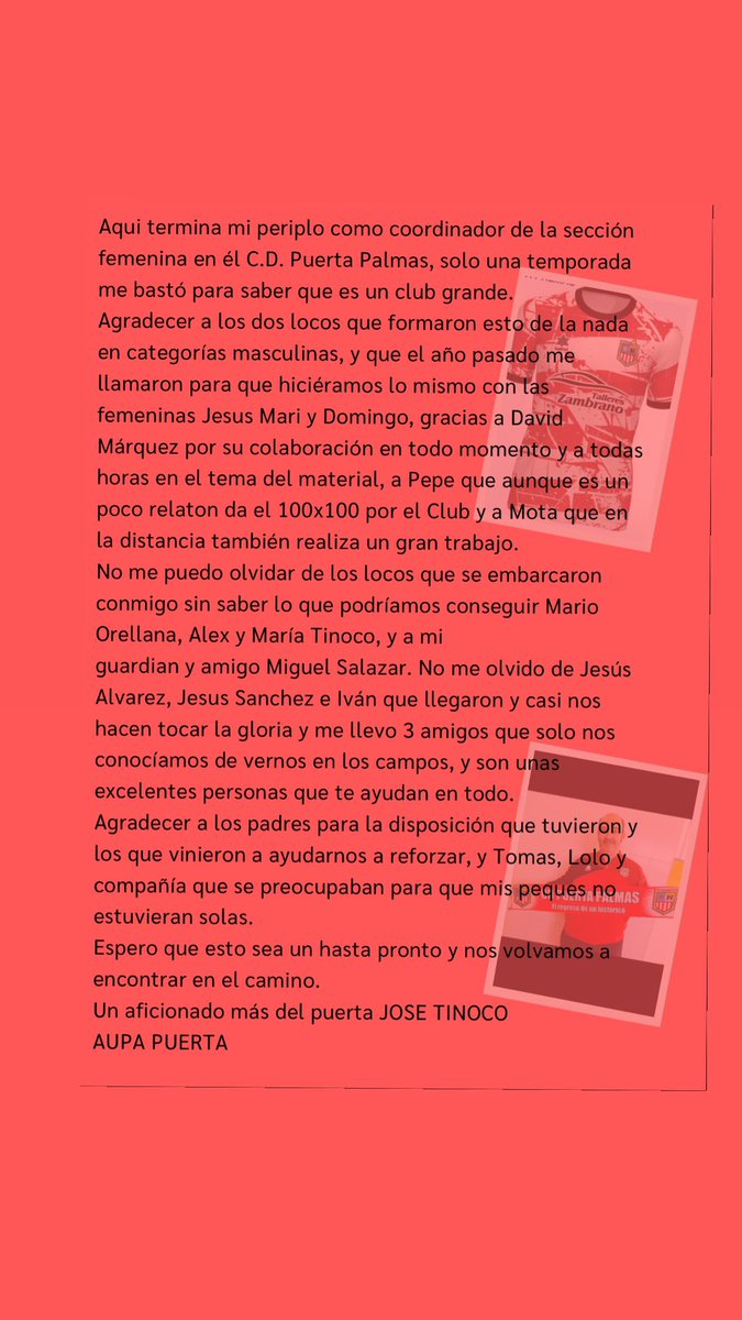 Hoy me despido del proyecto que comenzamos en él CD Puerta Palmas Femenino. Espero que sea una buena temporada para el Club.