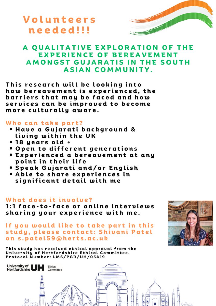 hello all, recruiting for my doctorate research project which is looking at exploring the experience of bereavement amongst Gujaratis in the South Asian community.

Please share widely in your network and please feel free to email s.patel59@herts.ac.uk if you'd like to take part!