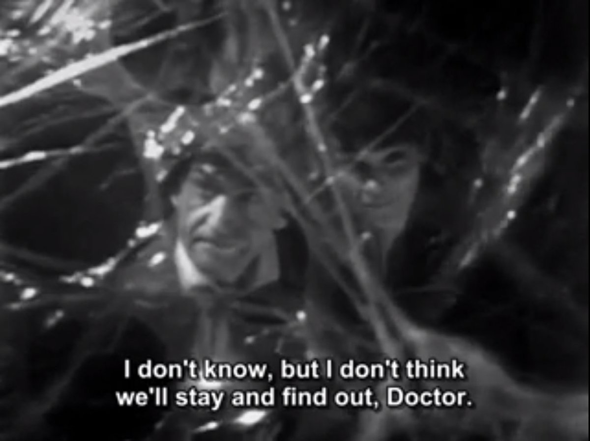 DWUDatabase's tweet photo. The web looks a bit too much like bubble wrap when the Brig and Jamie open the door but works much better here. There are quite a lot of cool shots looking at characters through the web which are more effective #DoctorWho #WebofFear https://t.co/046jlnm5cW