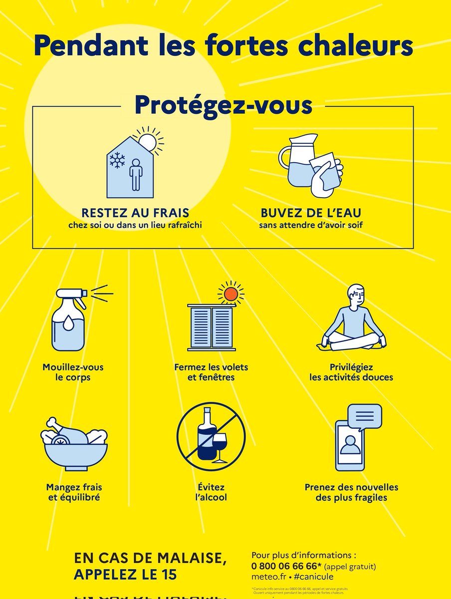 RenaissanceUE83's tweet photo. #Canicule | Consignes :
💧Hydratez-vous, restez au frais.
🖐️ Modérez vos activités.
☎ Appelez le 15 en cas de malaise, forte #fièvre ou propos incohérents.
💝 +65 ans ou en situation de handicap : bénéficiez d'un accompagnement personnalisé en vous rapprochant de votre #mairie. https://t.co/TejO9dpOry
