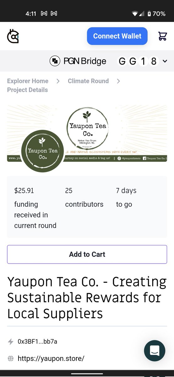For anyone curious in supporting ♻️

<a href="/YauponTeaCo_NC/">Yaupon Tea Co.</a> is officially live on <a href="/gitcoin/">Gitcoin</a> #GG18 till August 29th

Working to create verifiable ecological rewards for local suppliers, using drones, satellites, and yaupon tea! 🛰️

Just need some eth on Optimism: 
explorer.gitcoin.co/#/round/10/0xb…