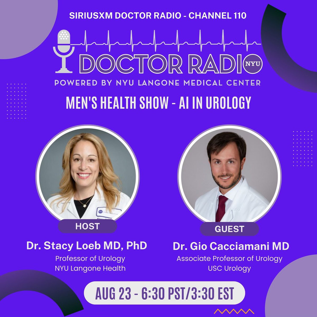 Looking forward to hear @LoebStacy and @Cacciamani_MD on @SIRIUSXM  for @NYUDocs Channel 110 talking about #AI in Urology 📅 August 23, 2023 ⏰ 6:30 PST/3:30 EST 📍siriusxm.com/doctorradio Don't miss it and stay tuned!! @AmerUrological @USC_Urology @Uroweb @EAUYAUrology
