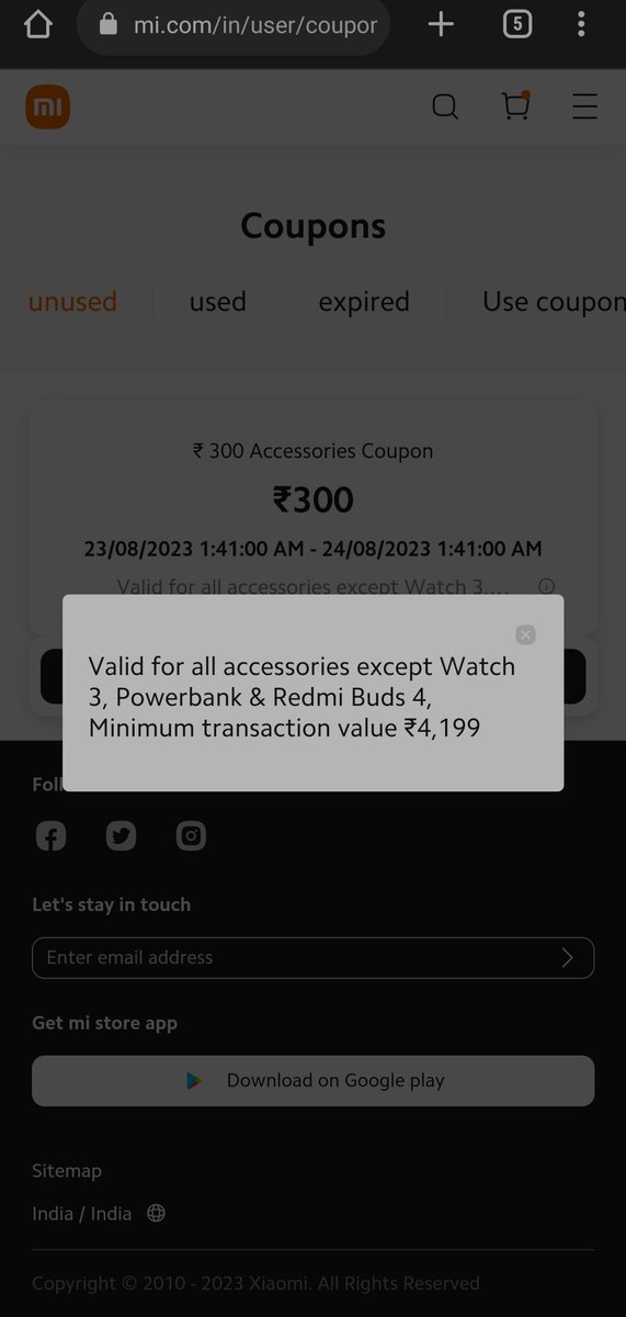 RealRajdeep's tweet photo. @XiaomiIndia @MiIndiaSupport I got ₹300 Accessories coupon. while tried to use for ₹5999 Mi SmartPen 2ndGen it showed in unavailable coupon section. What kind of mislead is this? Accessories coupon cant be use for accesories? Which is fulfilling all mentioned T&amp;Cs? @Xiaomi https://t.co/LIAbqPHQVW