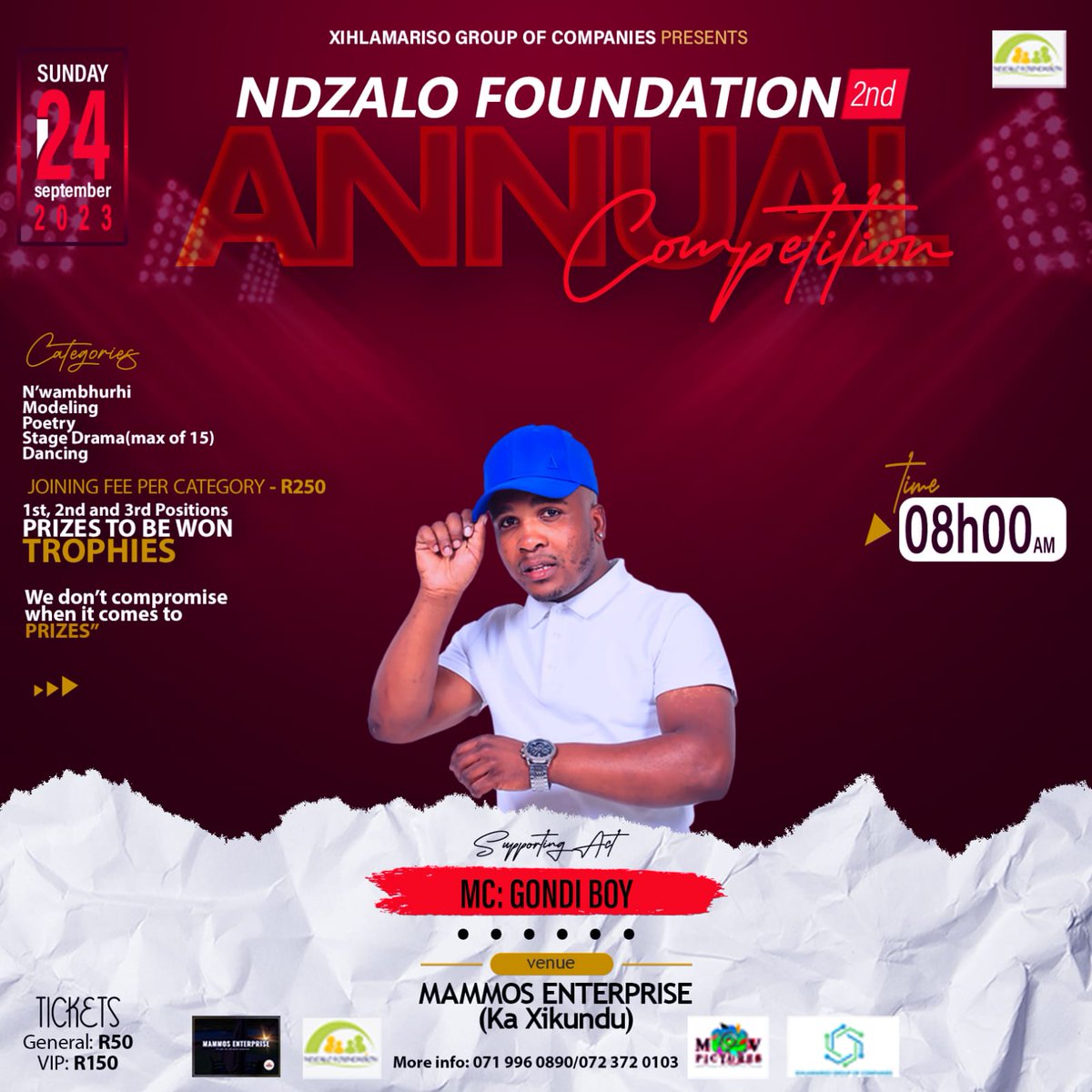 Meet Gondi Boy at Ndzalo Foundation 2nd Annual Competition that will be held at Mammos Enterprise Xikundu on the 24th of September.
#tsonga 
#Competition 
#BRICSSummit