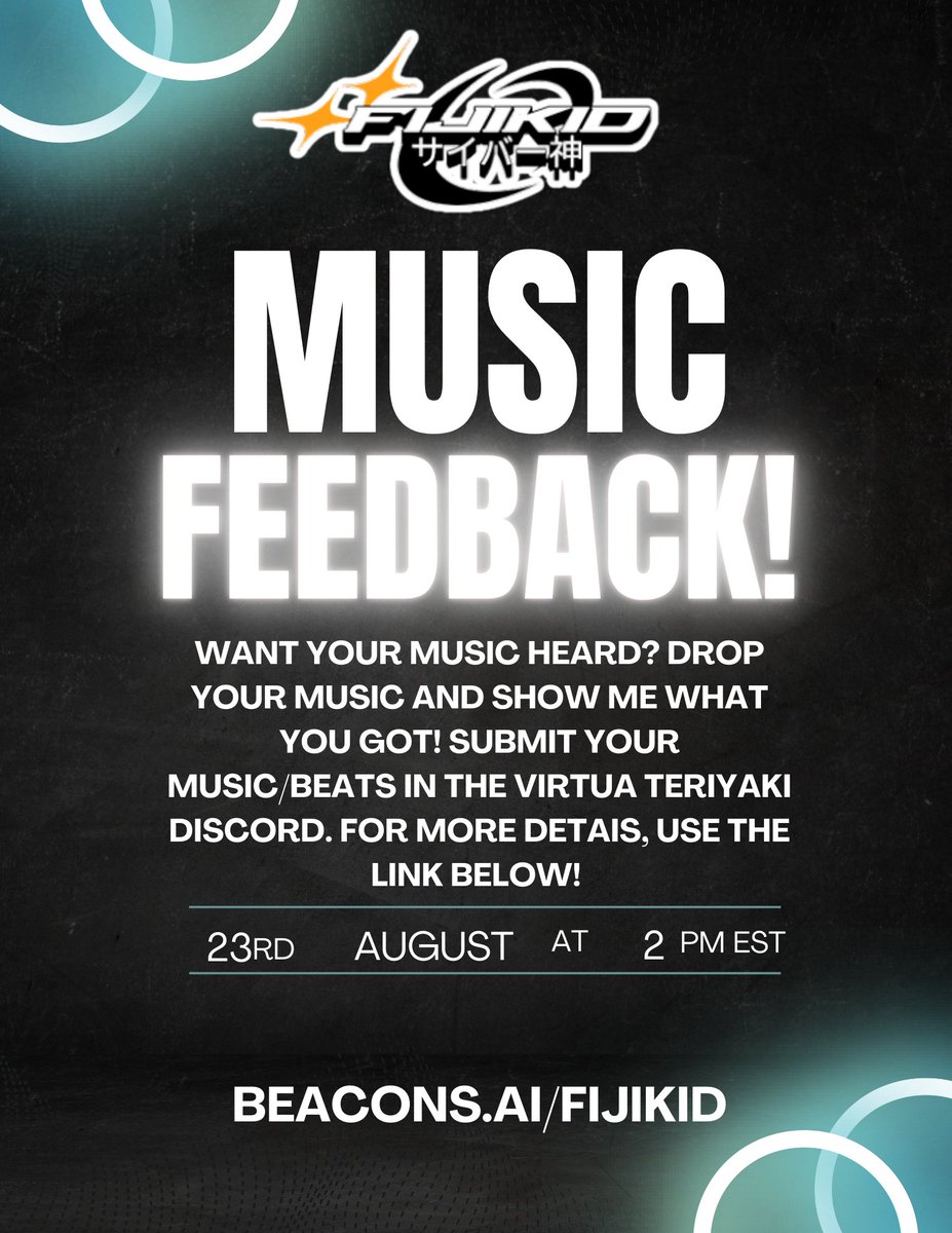 I'll be doing a music feedback stream tomorrow at 2pm EST live on Twitch! For more info, use the beacons link, and join the discord! 

I can't wait to see what you got! 

beacons.ai/fijikid