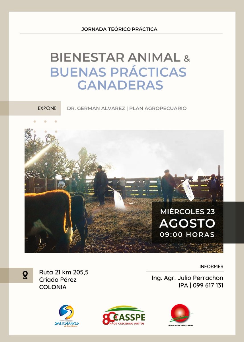 PlanAgro's tweet photo. ¡Mañana! #Miércoles

🗓️23/8⏰9hs📍Criado Pérez, Colonia
Jornada teórico practica "Bienestar animal y Buenas prácticas ganaderas" 
🗣️@GermanAPVet

¡Te esperamos!

#SalesianosDonBosco #CASSPE Ing. Perrachon #PlanAgro https://t.co/FQ9O9Sg5EY